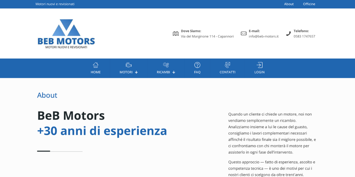 Homepage e-commerce BeB Motors motori revisionati — Hetaweb Lucca