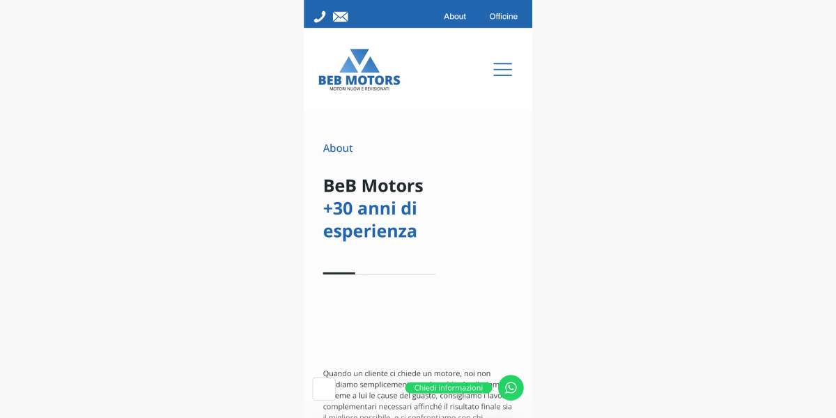 E-commerce BeB Motors su smartphone — responsive design Hetaweb