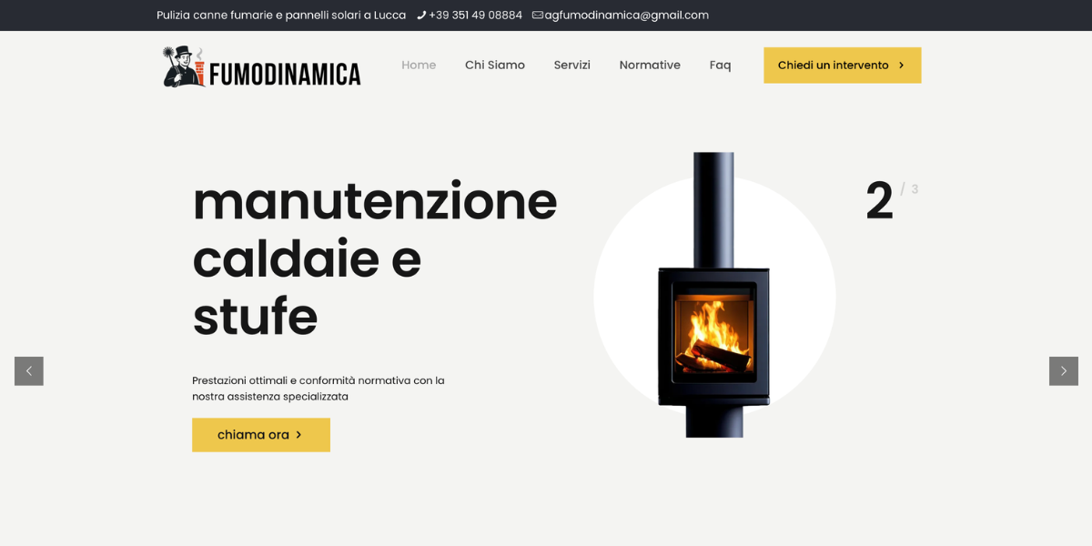 Homepage sito web Fumodinamica spazzacamino Lucca — Hetaweb