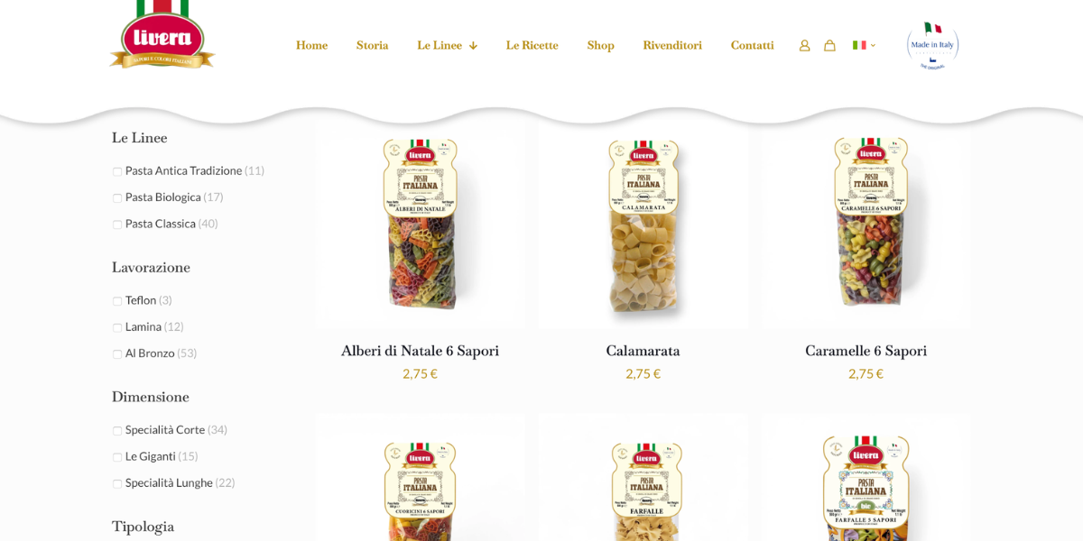 Catalogo pasta artigianale Livera — e-commerce WooCommerce Hetaweb