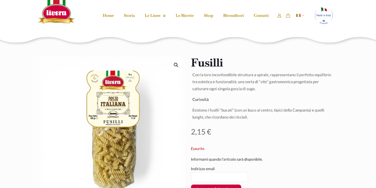 Scheda prodotto fusilli Livera made in Italy — Hetaweb Lucca